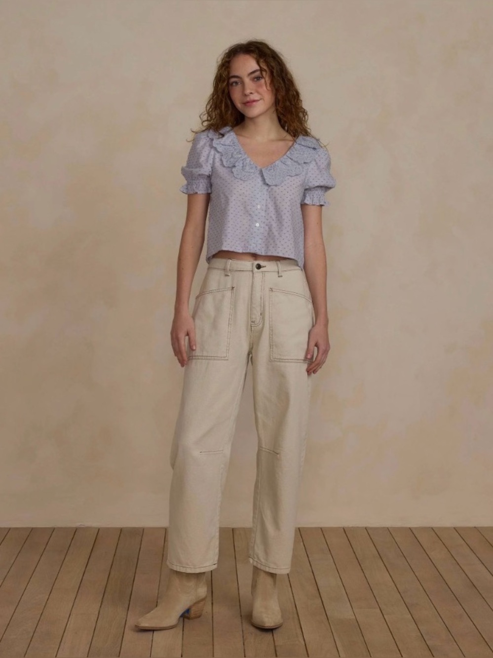 Dusty Blue Ruffle Collar Button Front Blouse Rylee & Cru